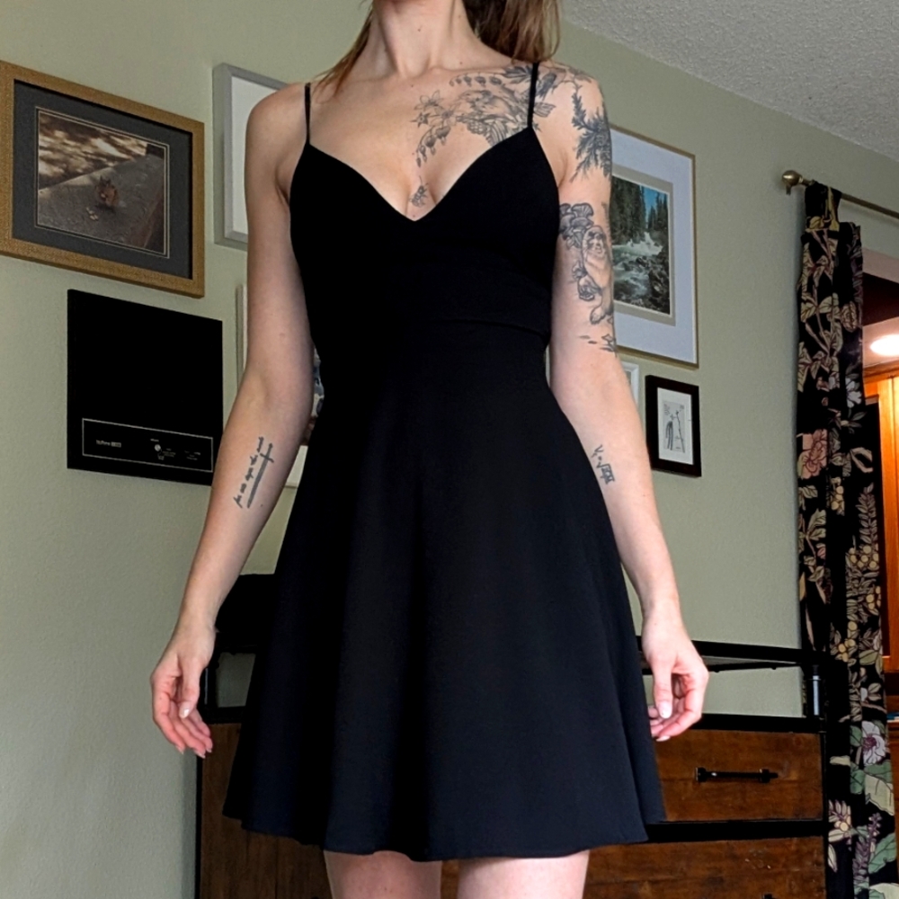 LUCKY DAY Flirty Low Back Black Dress sz S